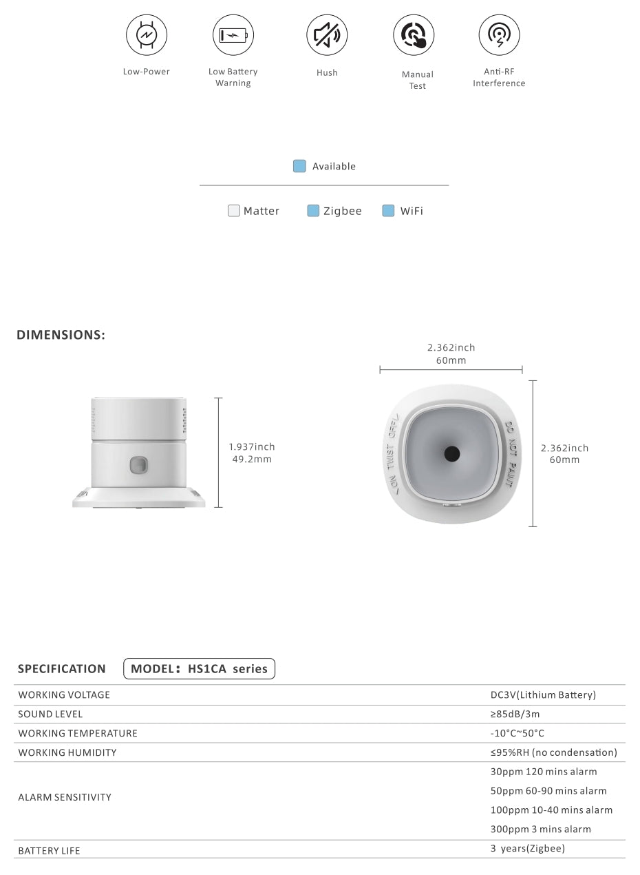 Kohlenmonoxid-Melder, CO-Sensor, Zigbee 3.0, HS1CA