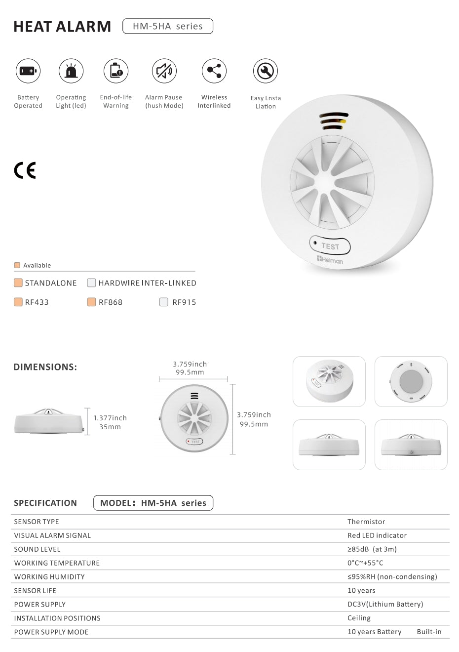 Heiman HM-5HW-T Funk-Hitzewarnmelder – vernetzbarer Wärmemelder mit 10-Jahres-Batterie