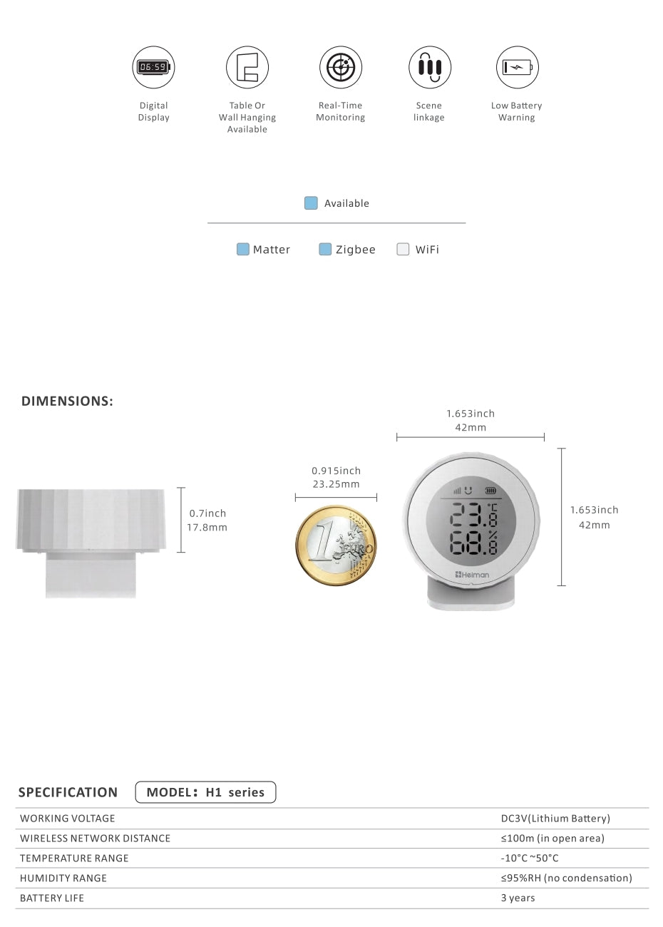 Vorbestellung: Matter Thermometer mit Feuchtigkeitsmesser Heiman H1-M