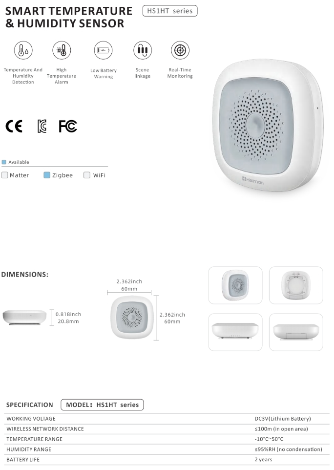 Heiman Temperatur- und Feuchtigkeitssensor Zigbee (HS1HT Serie)