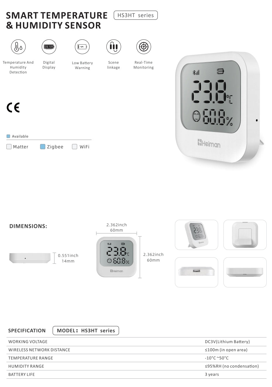 Temperatur- und Luftfeuchtigkeitssensor Zigbee 3.0 Heiman HS3HT